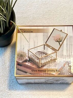 Fabulous Diamond Gold and Glass Jewelry Trinket Box - 4” x 4” x 2.5”. NIB